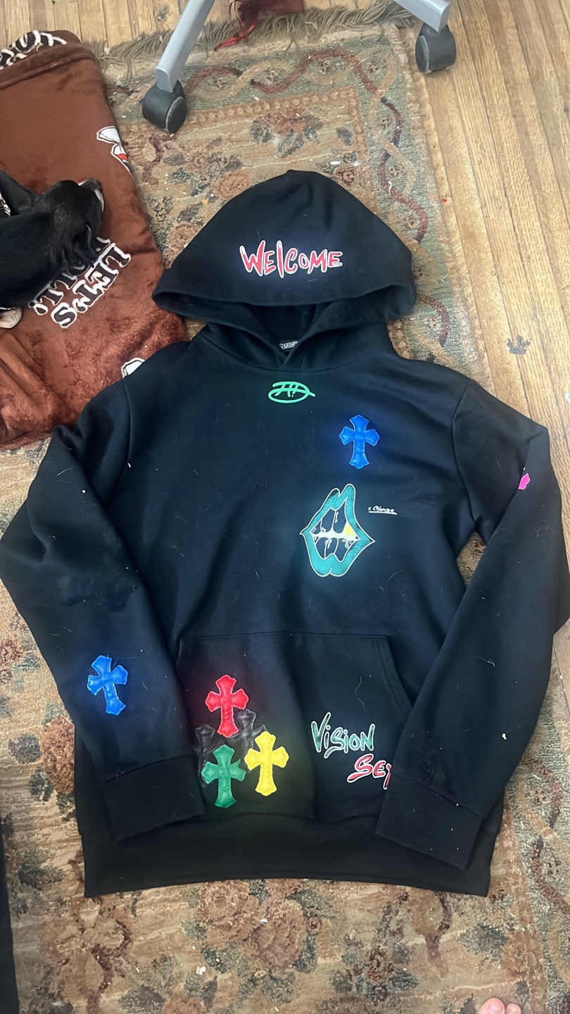 Chrome Hearts Black Hoodie with 'Welcome' and Cross Graphics