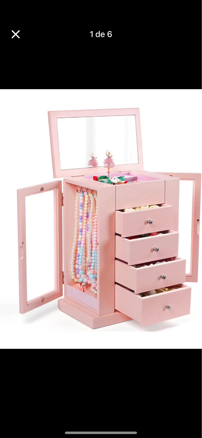 Pink 4-Layer Wooden Jewelry Box with Mirror and Side Doors