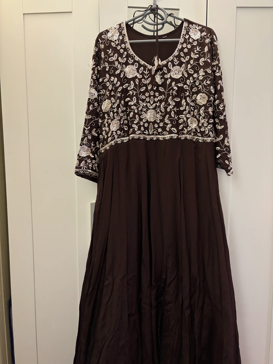 Brown Embroidered Maxi Dress with Scarf - photo 2