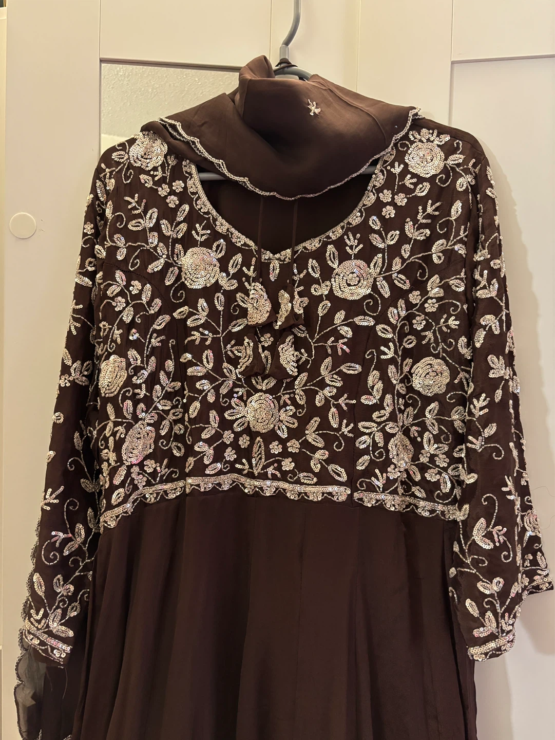 Brown Embroidered Maxi Dress with Scarf