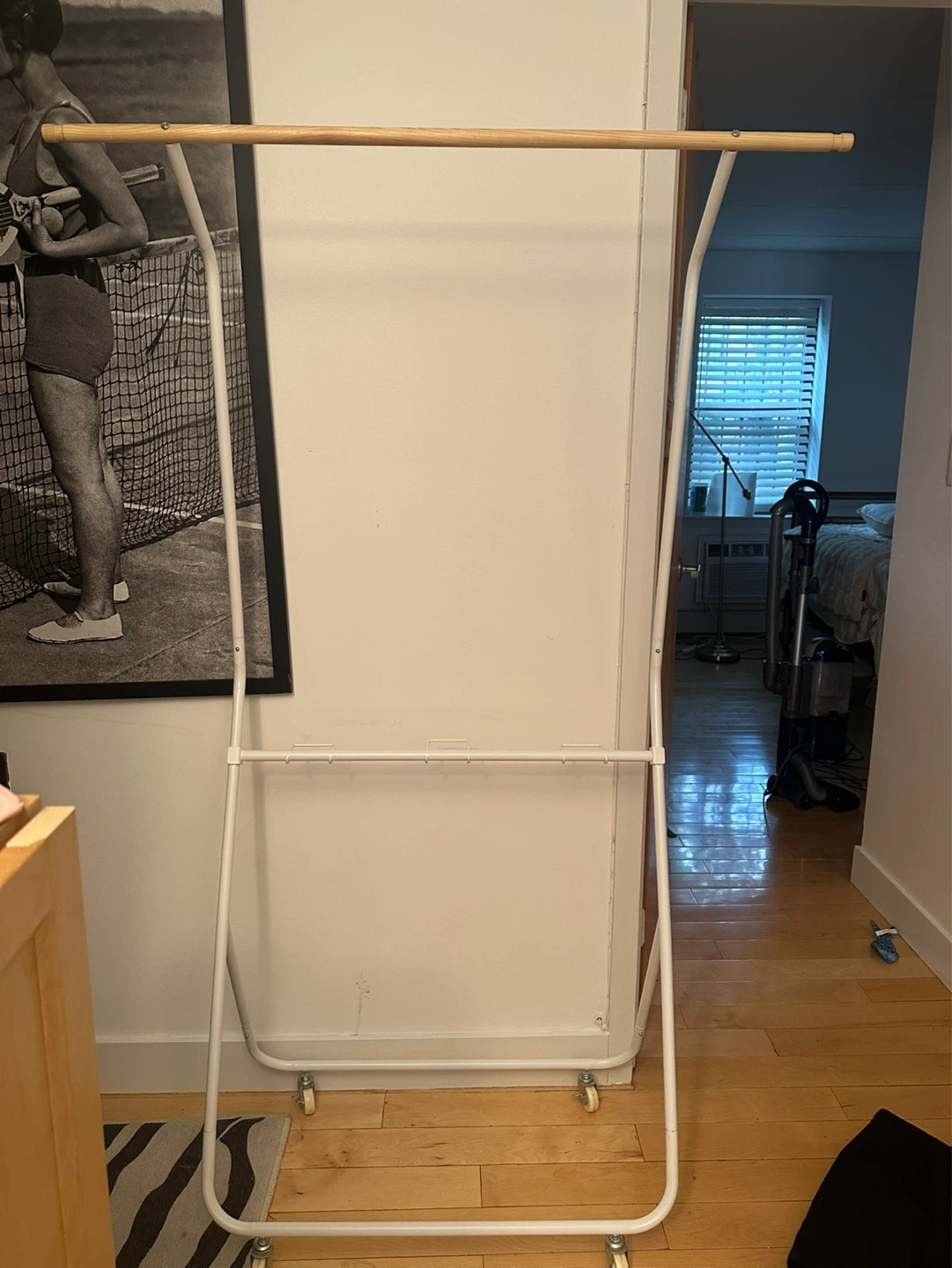White Metal Garment Rack with Wooden Rail