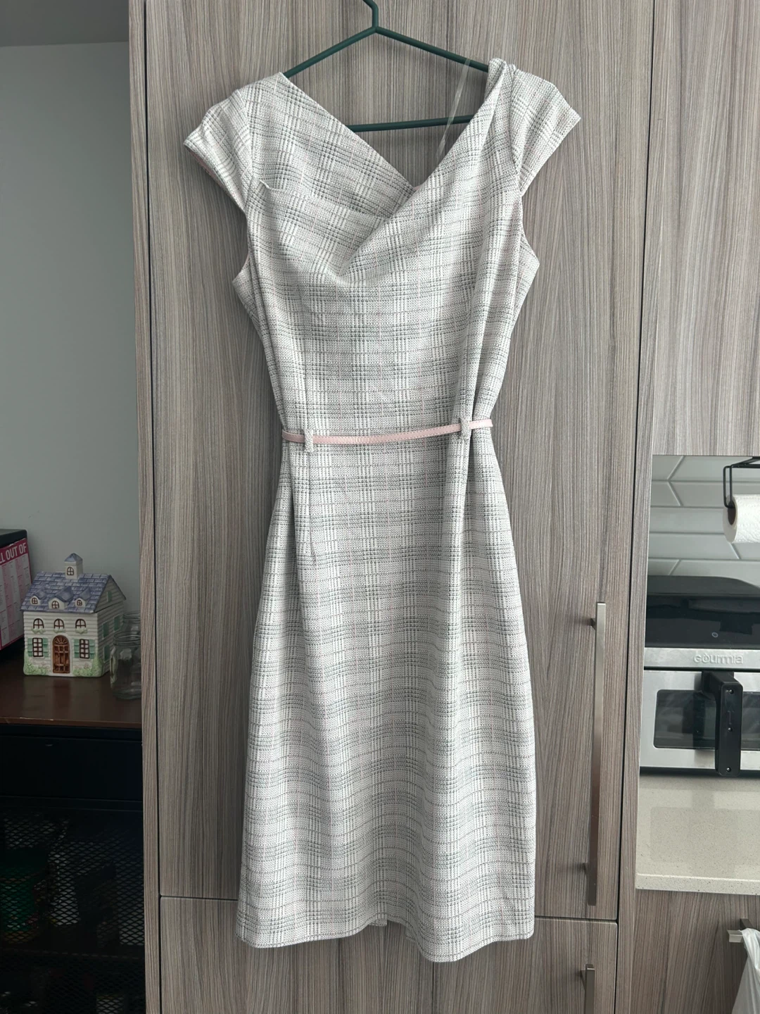 Women's Plaid Business Dress with Pink Belt