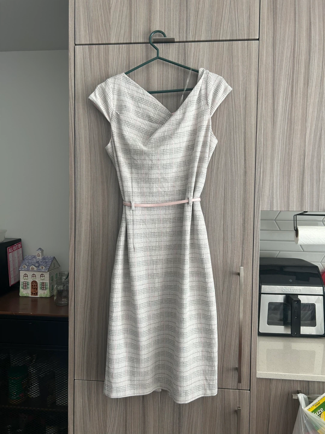 Women's Plaid Business Dress with Pink Belt - photo 3