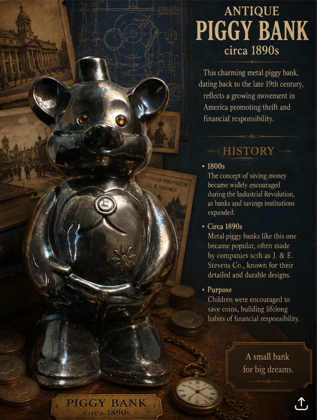 1960 Silver Plated Antique Metal Piggy Bank - Circa 1890s