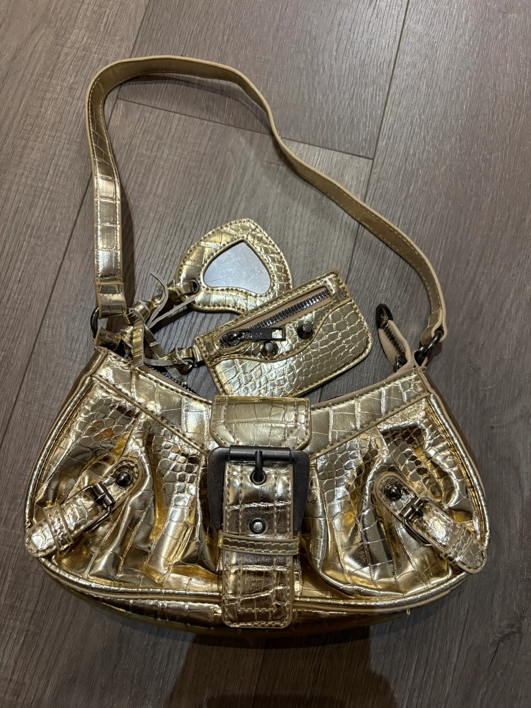 Gold Embossed Shoulder Bag with Matching Pouch