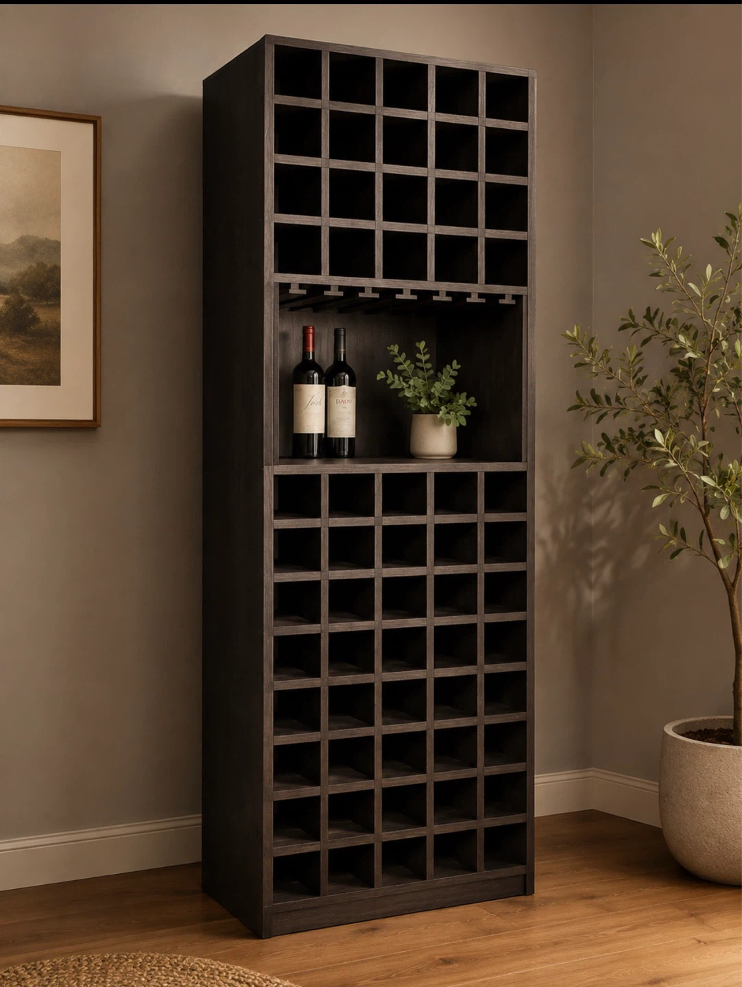 Tall Dark Wood Wine Rack with Glass Holder