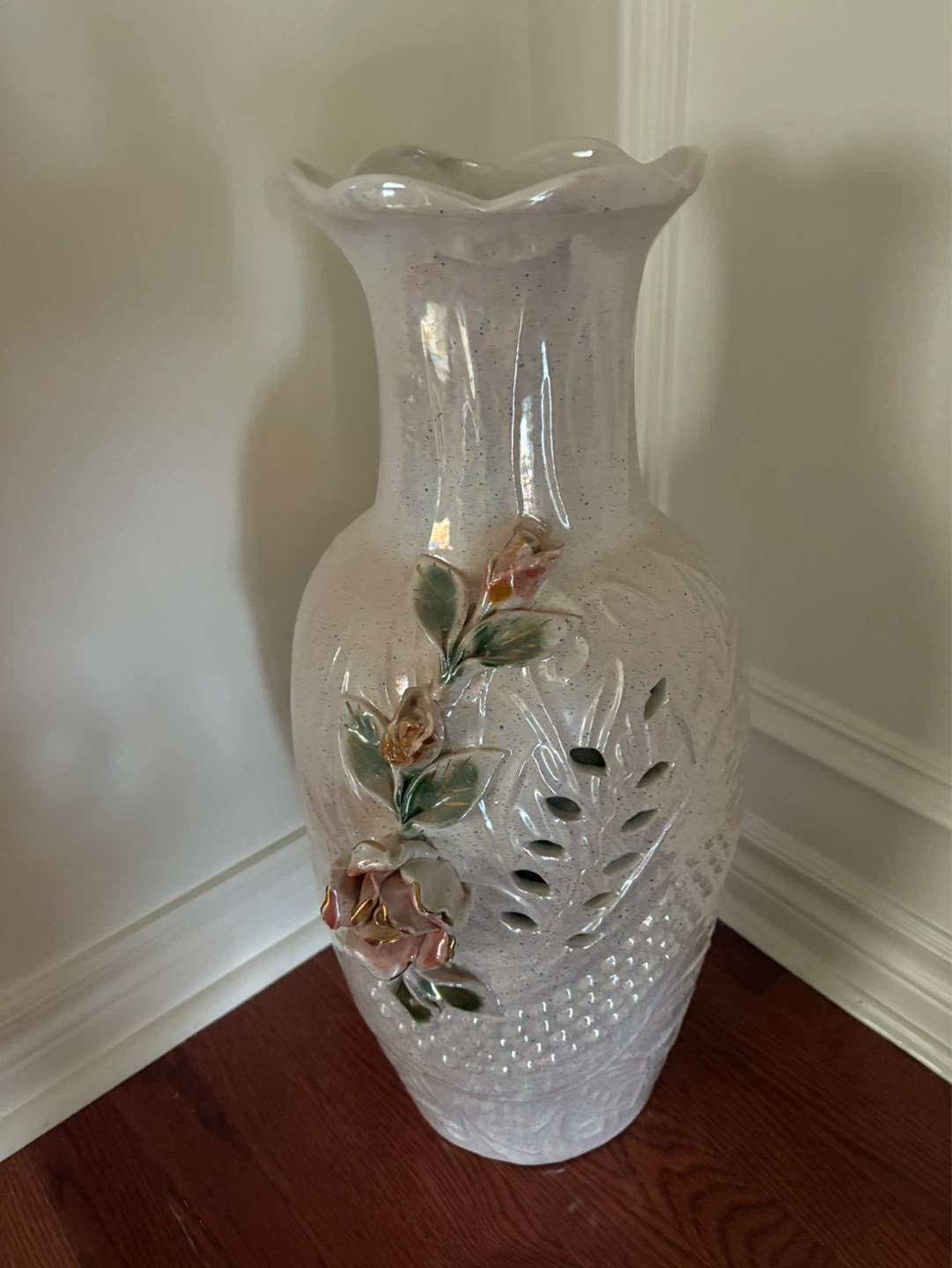 Large Pearlescent Ceramic Vase with Floral Appliques