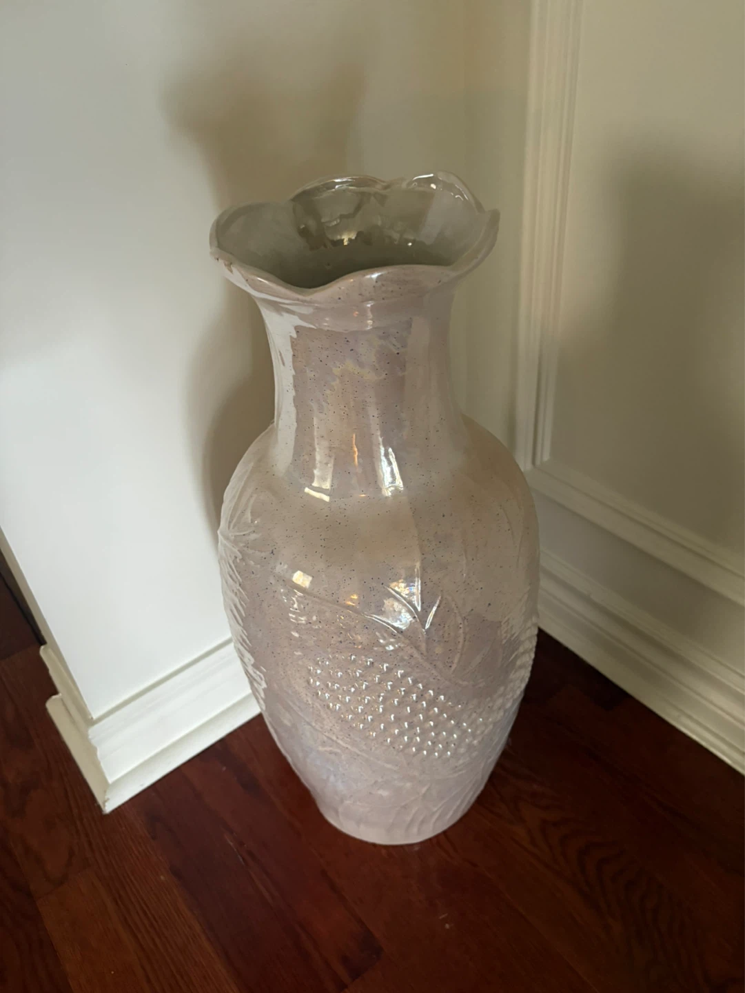 Large Pearlescent Ceramic Vase with Floral Appliques - photo 4