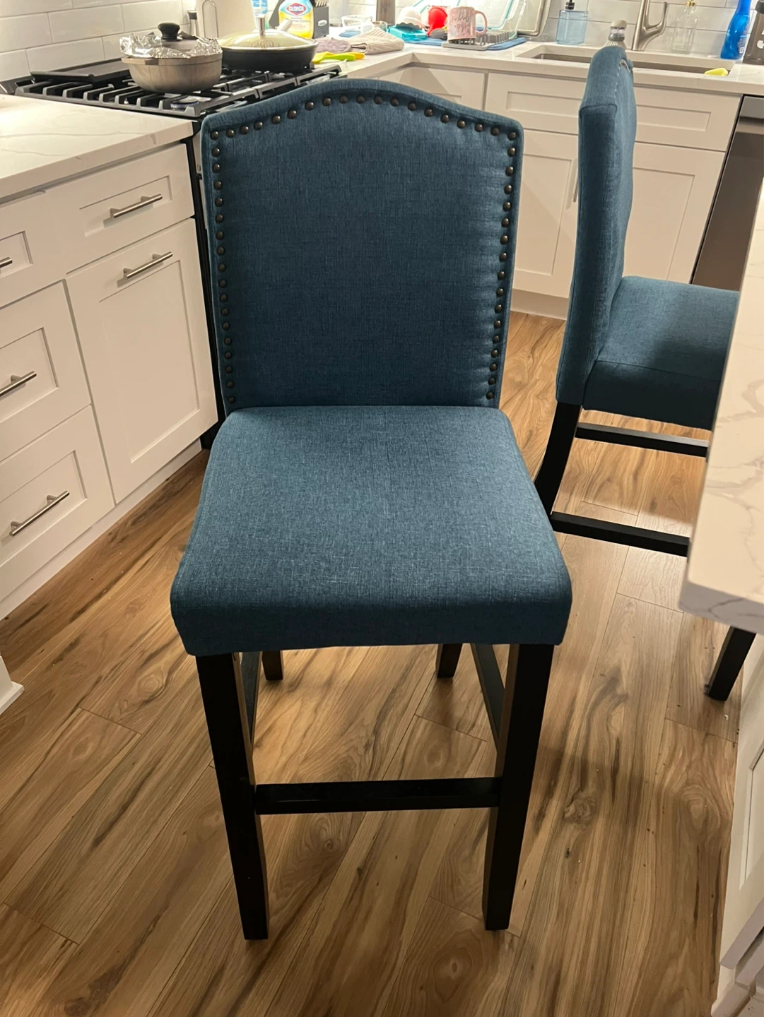 Set of 4 Blue Upholstered Bar Stools with Nailhead Trim