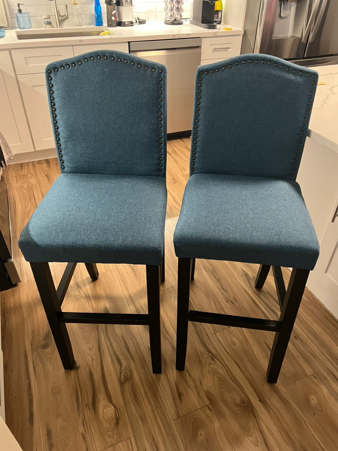 Set of 4 Blue Upholstered Bar Stools with Nailhead Trim - photo 3