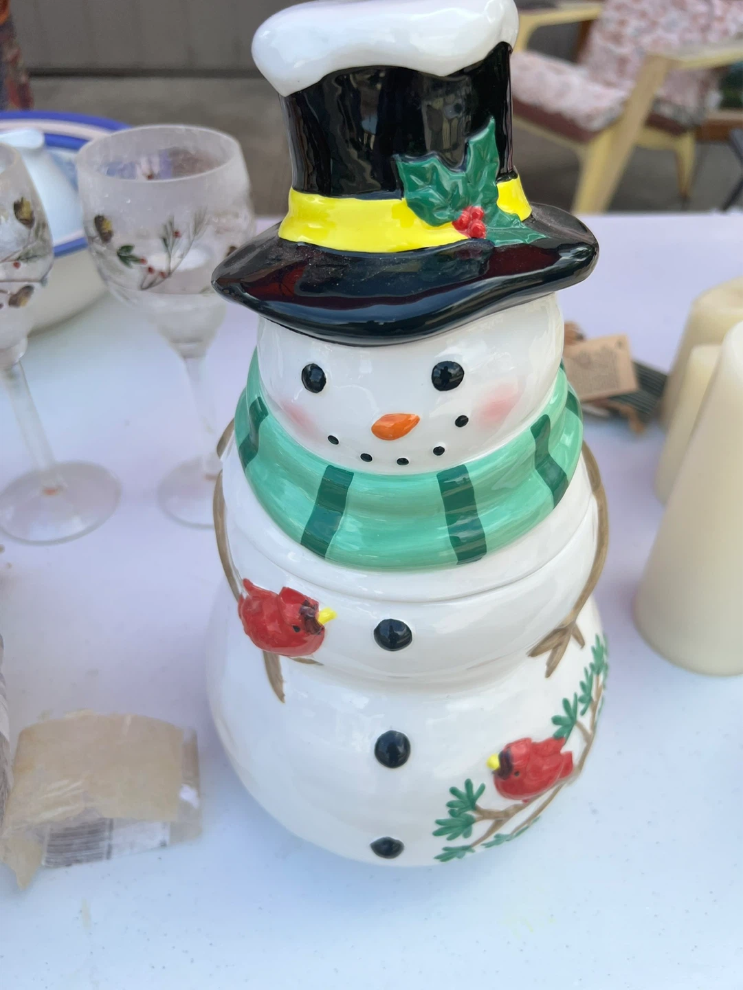 Ceramic Snowman Cookie Jar with Top Hat and Cardinals