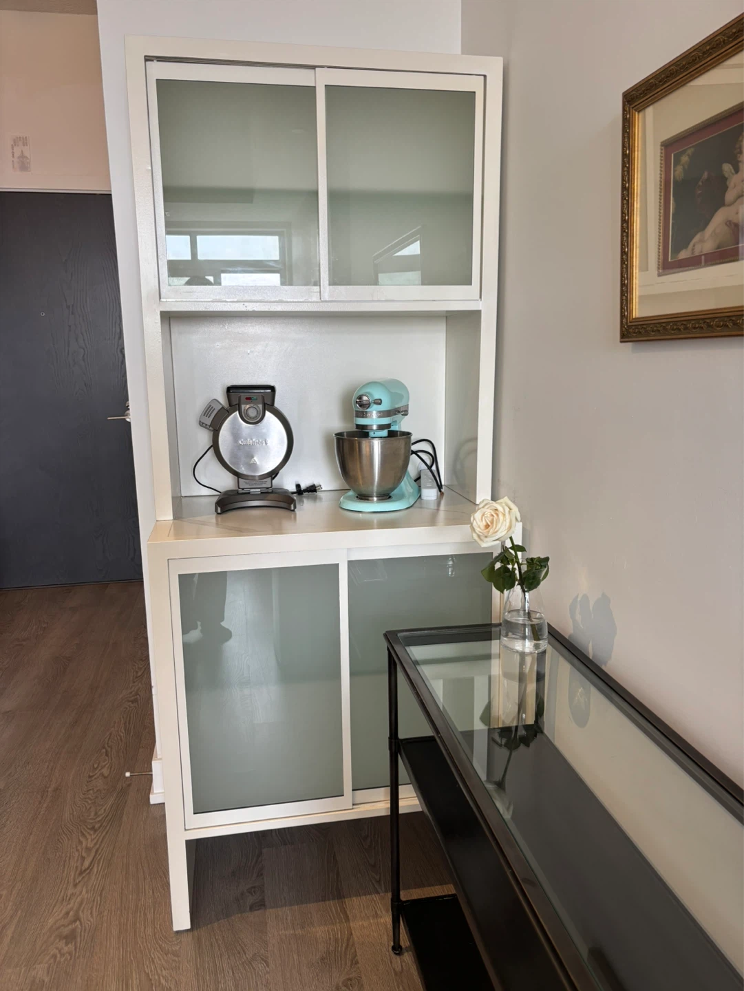 White Storage Cabinet with Glass Sliding Doors