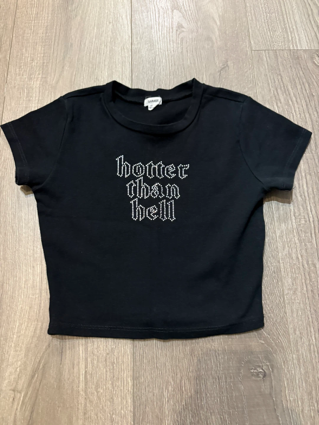 Garage Black "hotter than hell" Rhinestone Crop Top - TP/XS