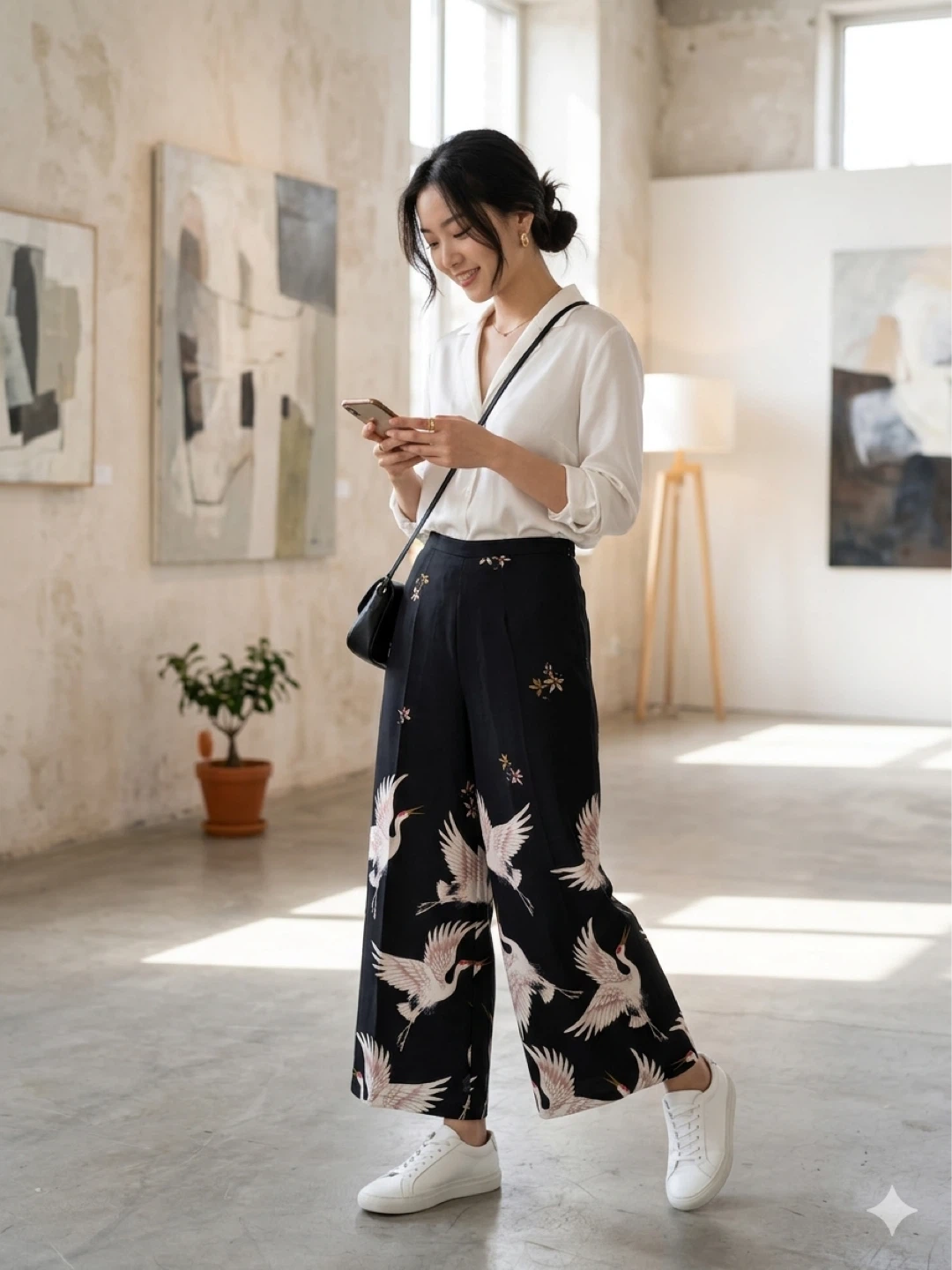 Black wide-leg pants with  print
