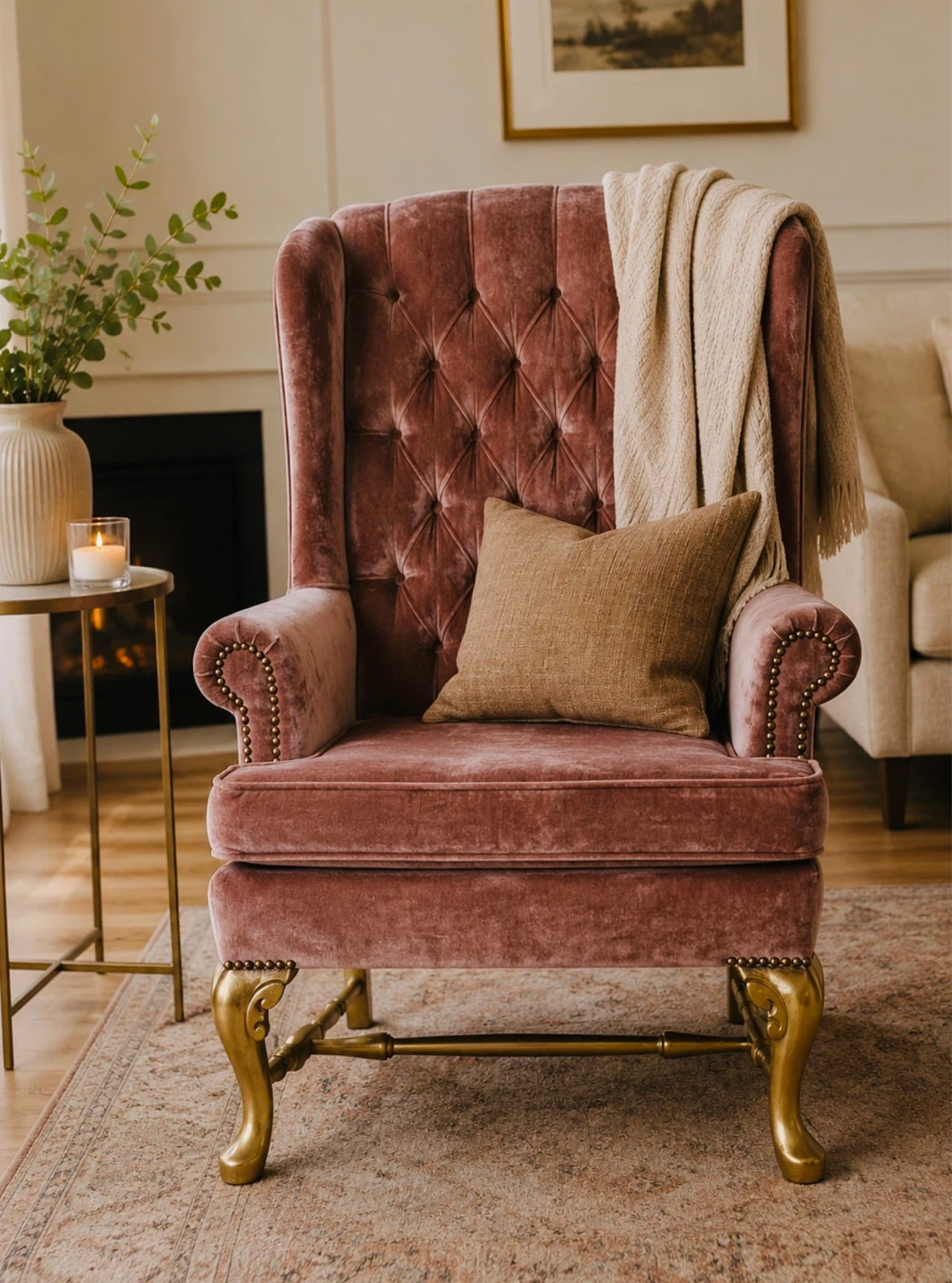 Velvet Wingback Accent Chair with Tufted Back