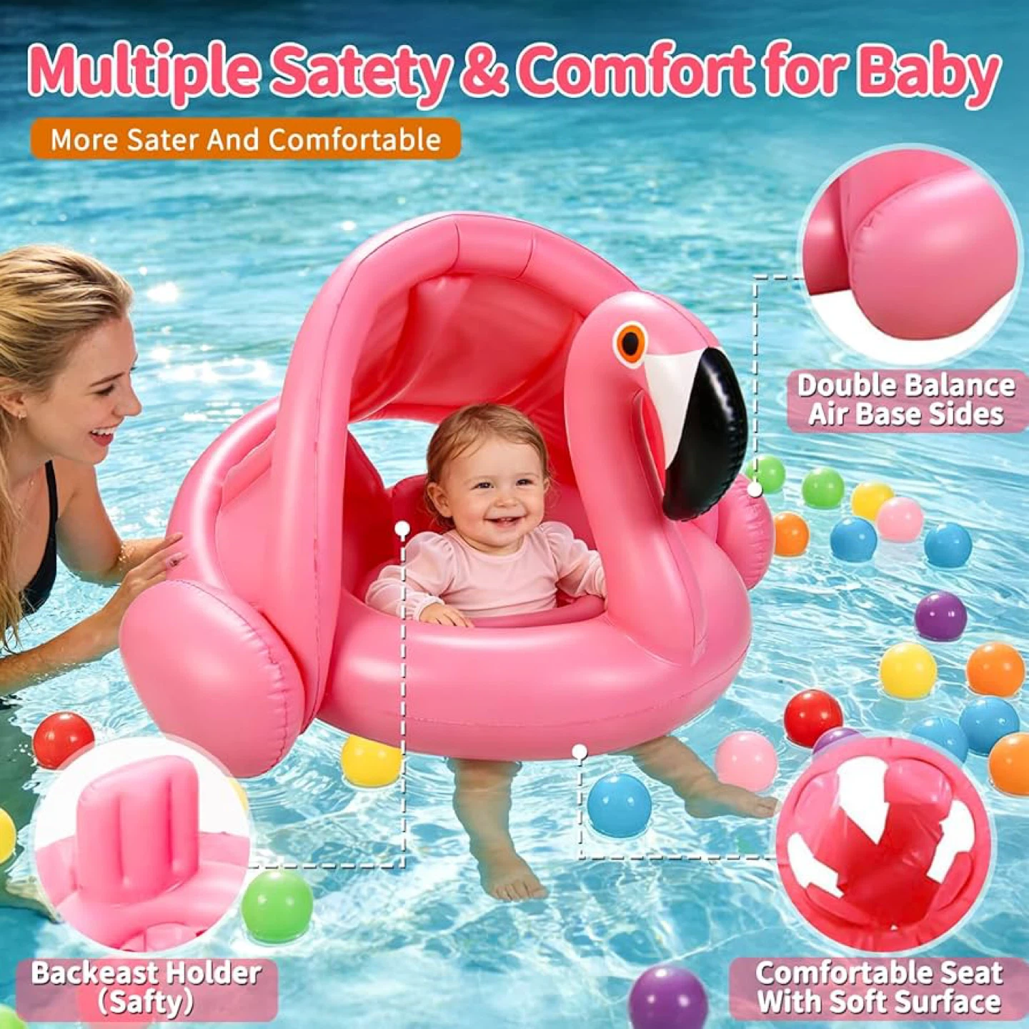 Flamingo Pool Float for Baby with Canopy - photo 2