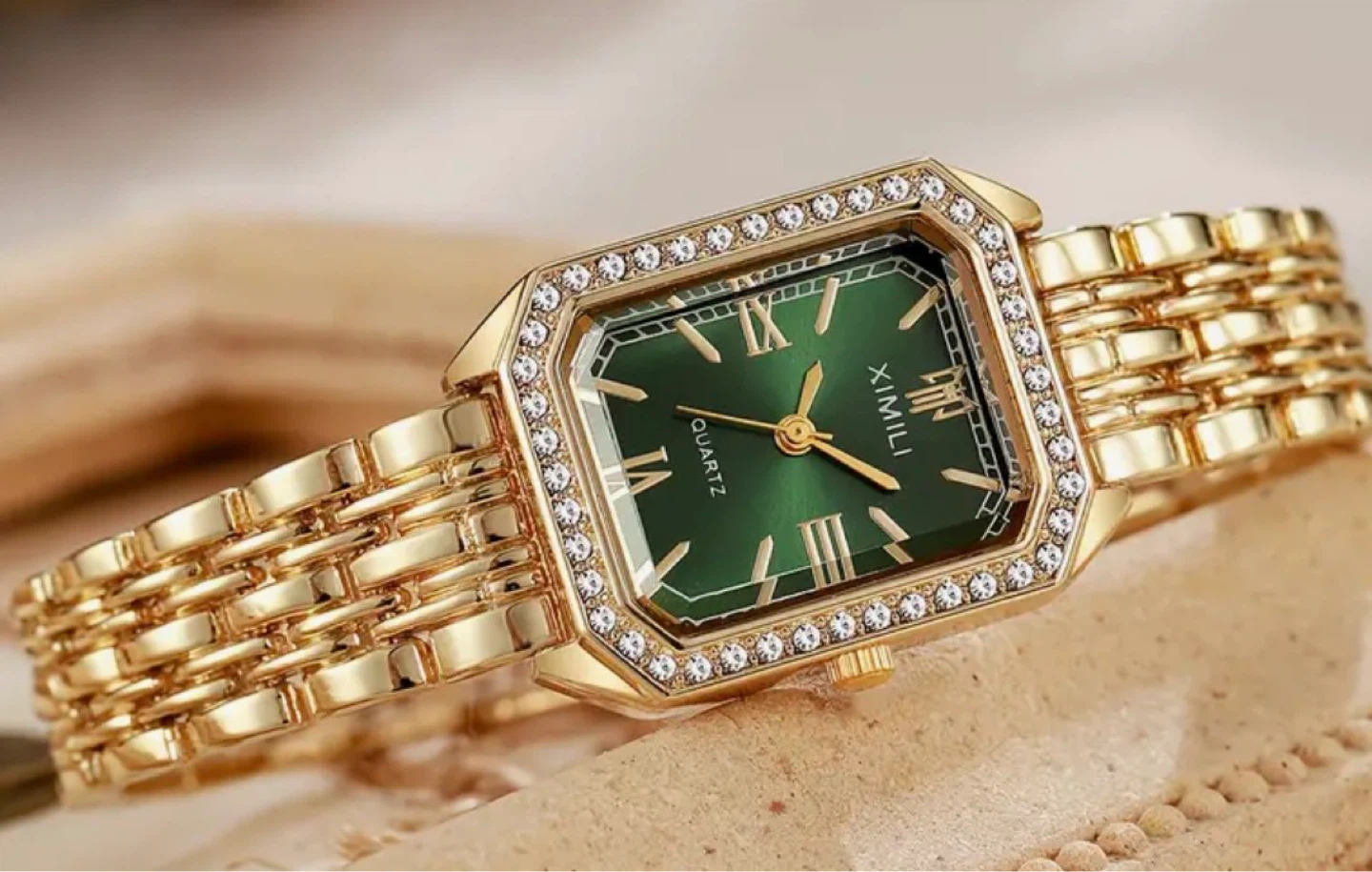 XIMILI Women's Gold Green Dial Watch with Rhinestone Bezel