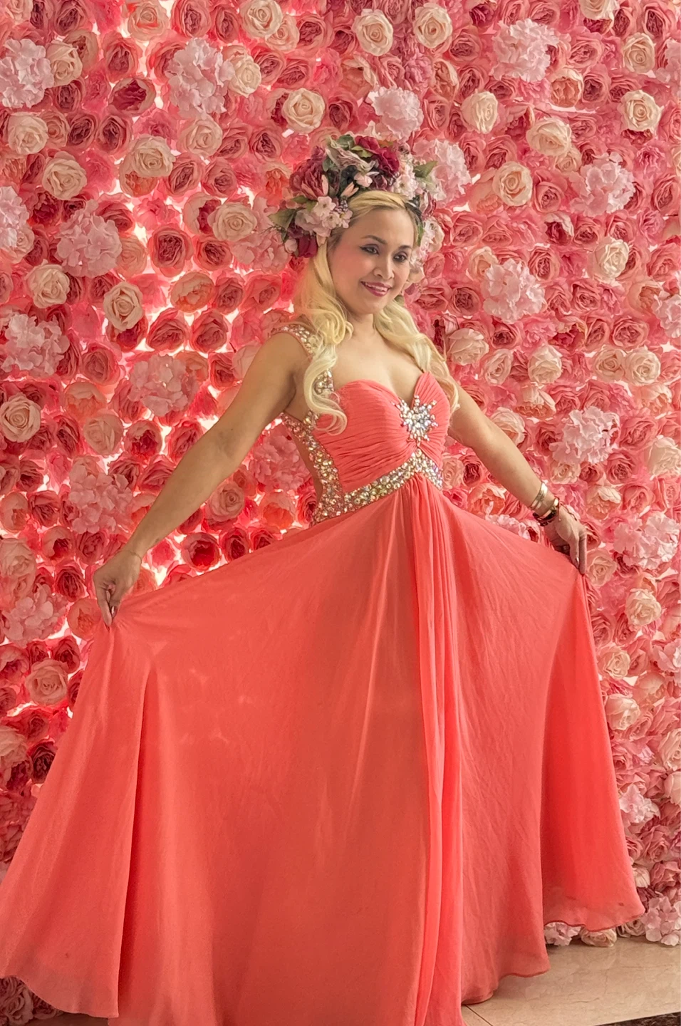 Women's Coral Beaded Embellished Gown