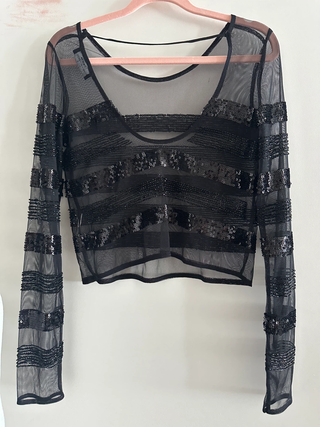 Bershka Black Mesh Sequin Long Sleeve Top