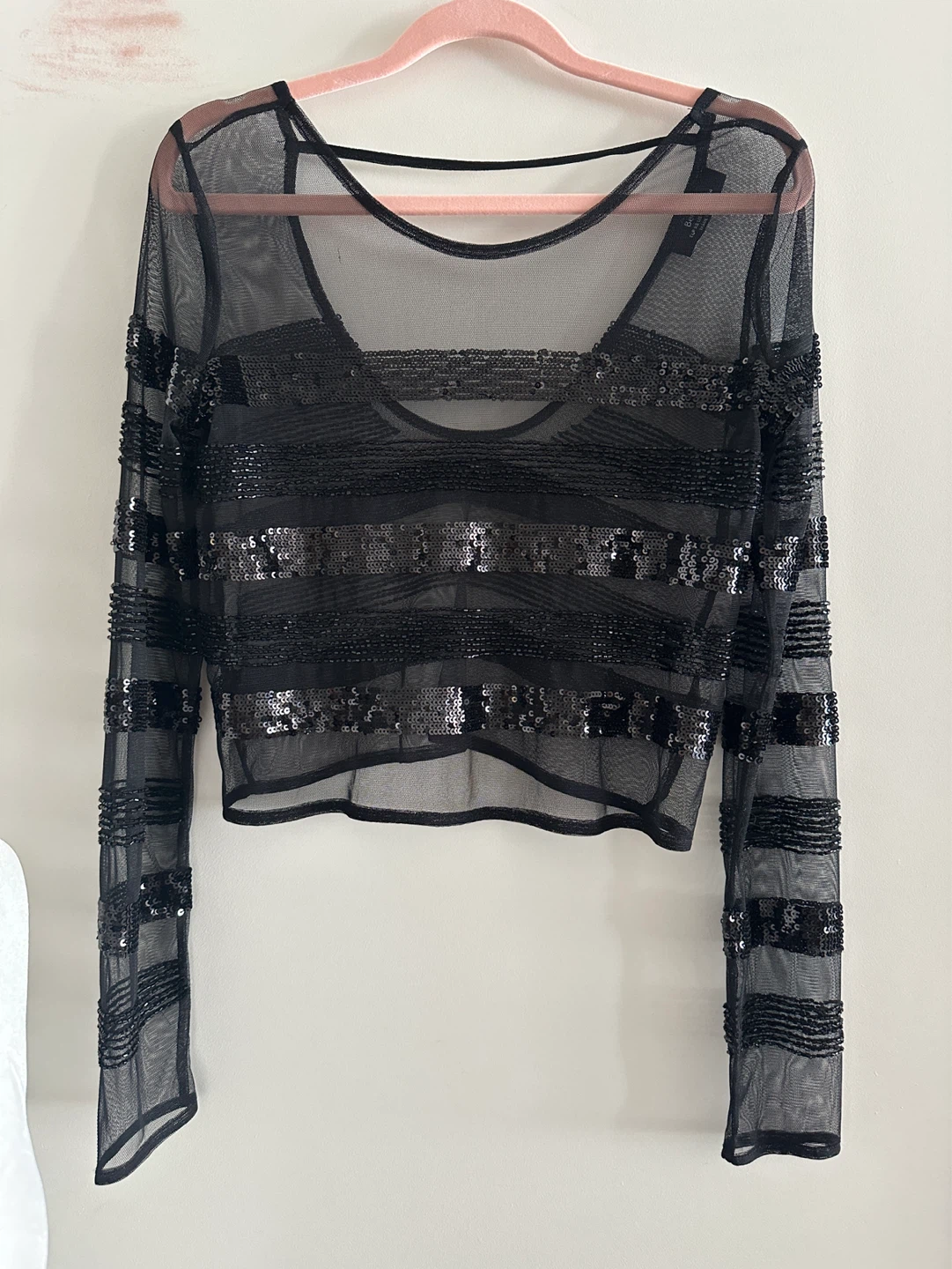 Bershka Black Mesh Sequin Long Sleeve Top - photo 3