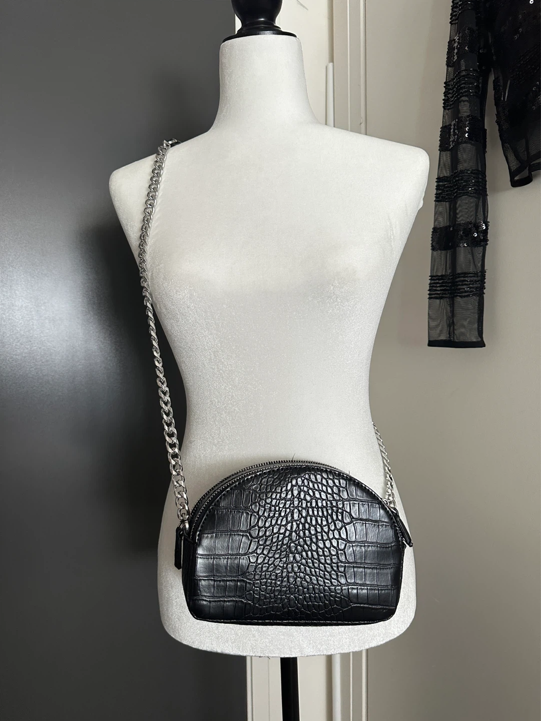 MNG Black Croc Embossed Crossbody Bag