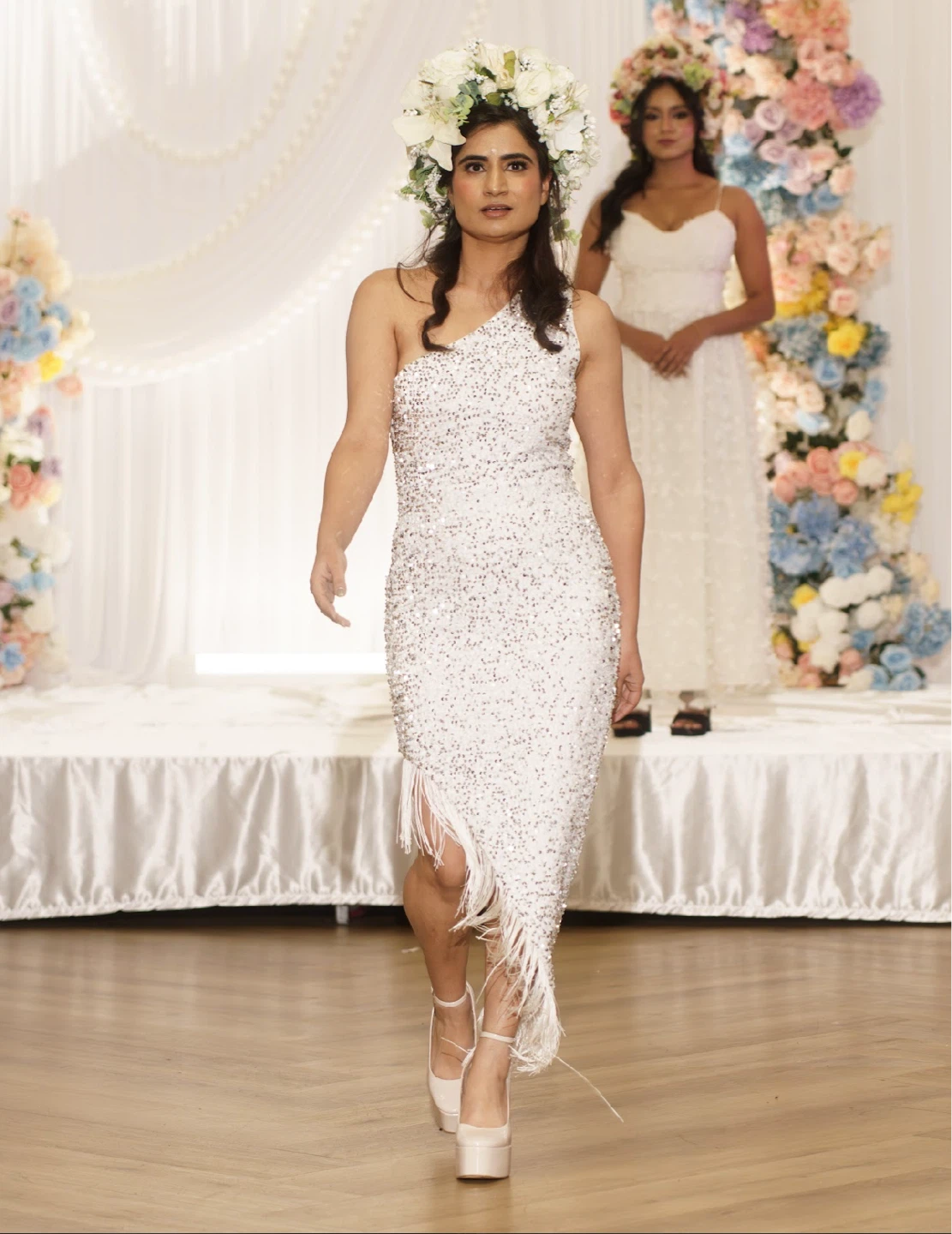 White Sequin One-Shoulder Dress with Fringe
