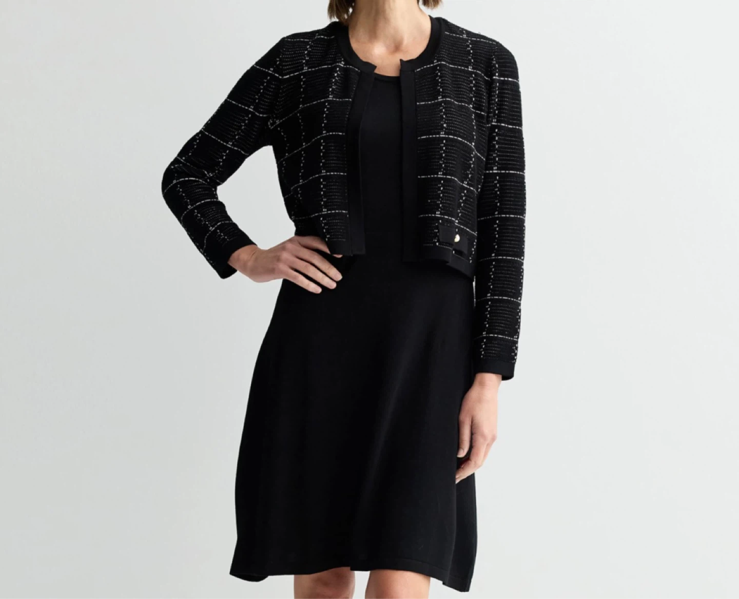 Black and White Plaid Knit Cardigan Dress Set - photo 3