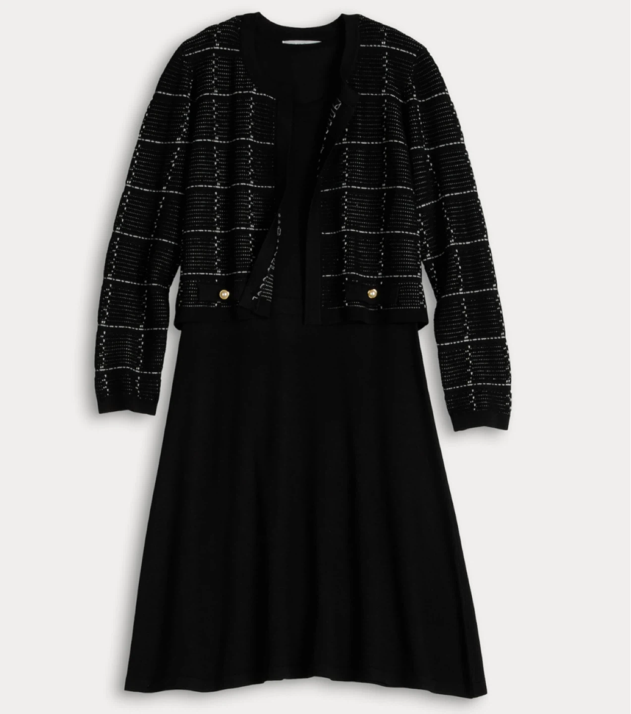 Black and White Plaid Knit Cardigan Dress Set
