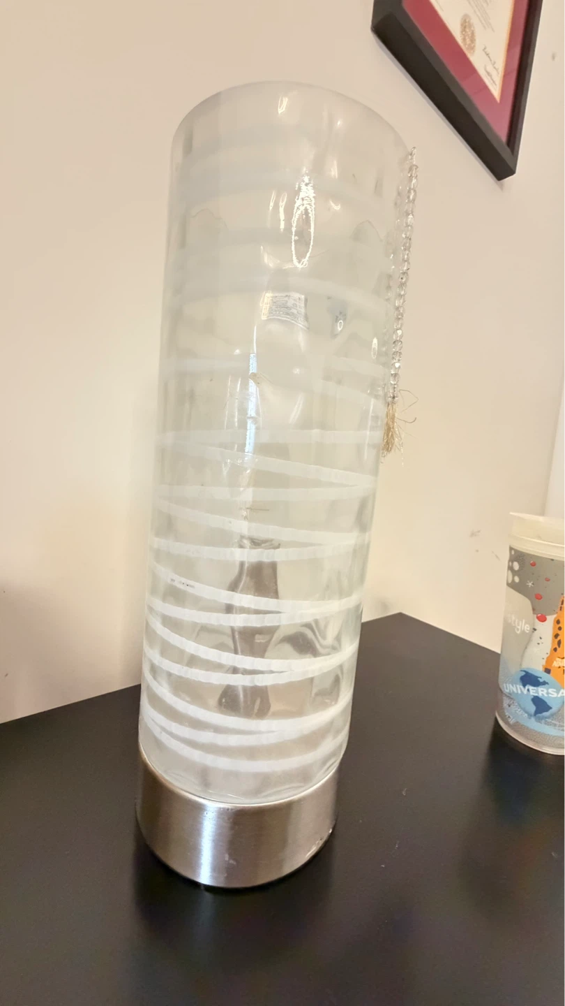 Cylindrical Glass Table Lamp with White Swirls
