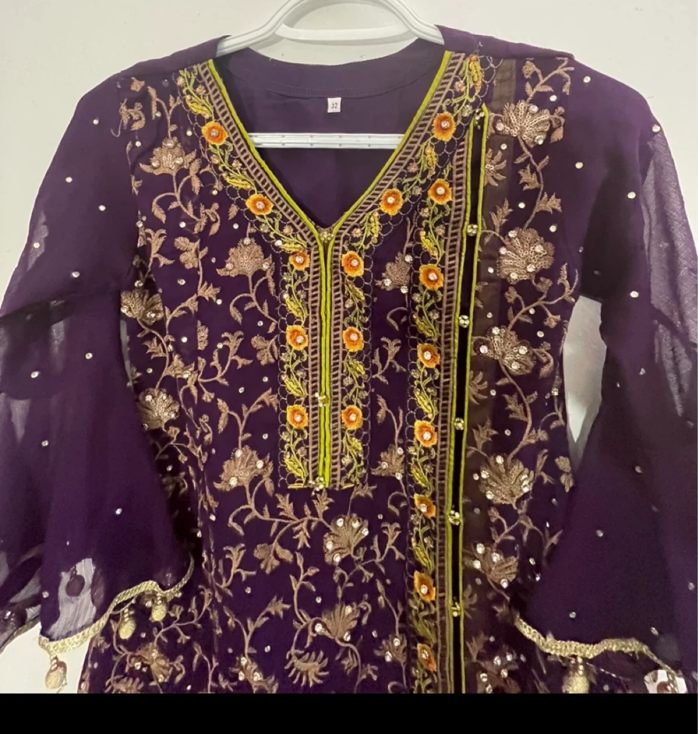Purple Embroidered Kameez with Dupatta