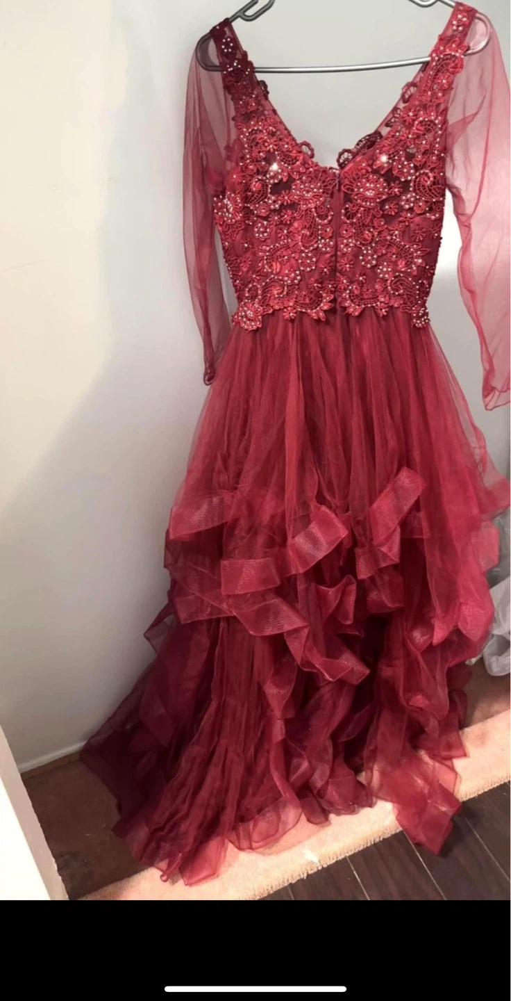 Red Beaded Tulle Gown with Long Sleeves - photo 2