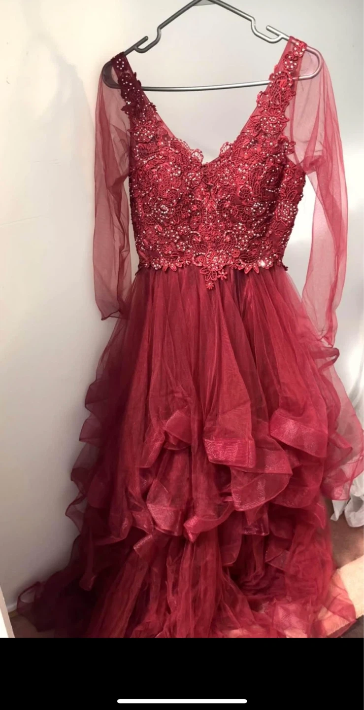 Red Beaded Tulle Gown with Long Sleeves