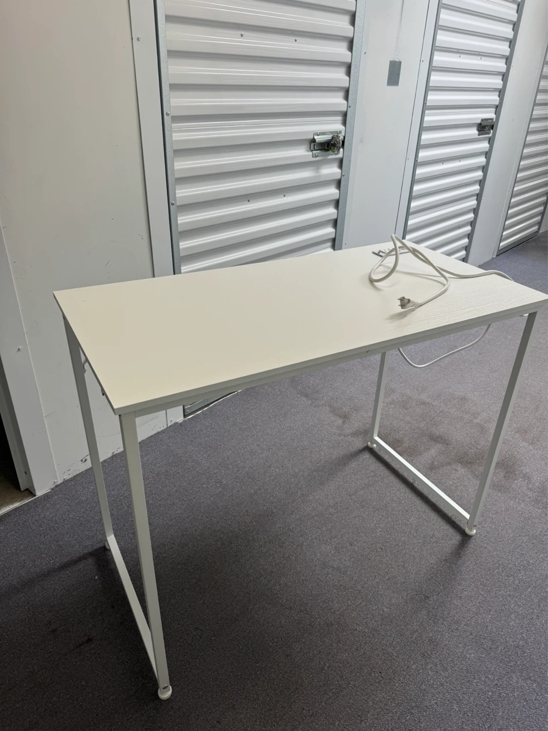White Minimalist Desk with Power Strip