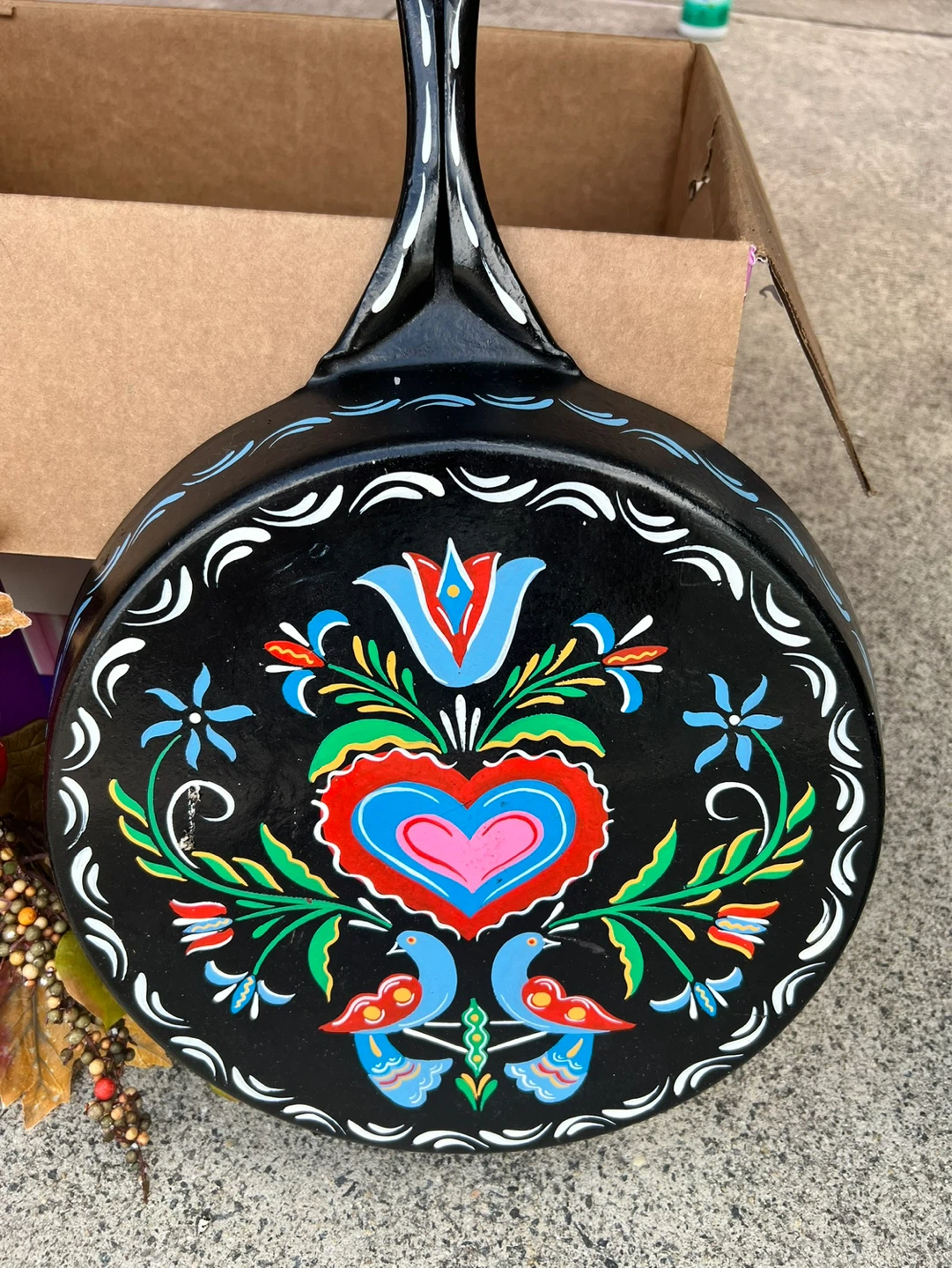 Hand-Painted Black Cast Iron Skillet with Folk Art Design