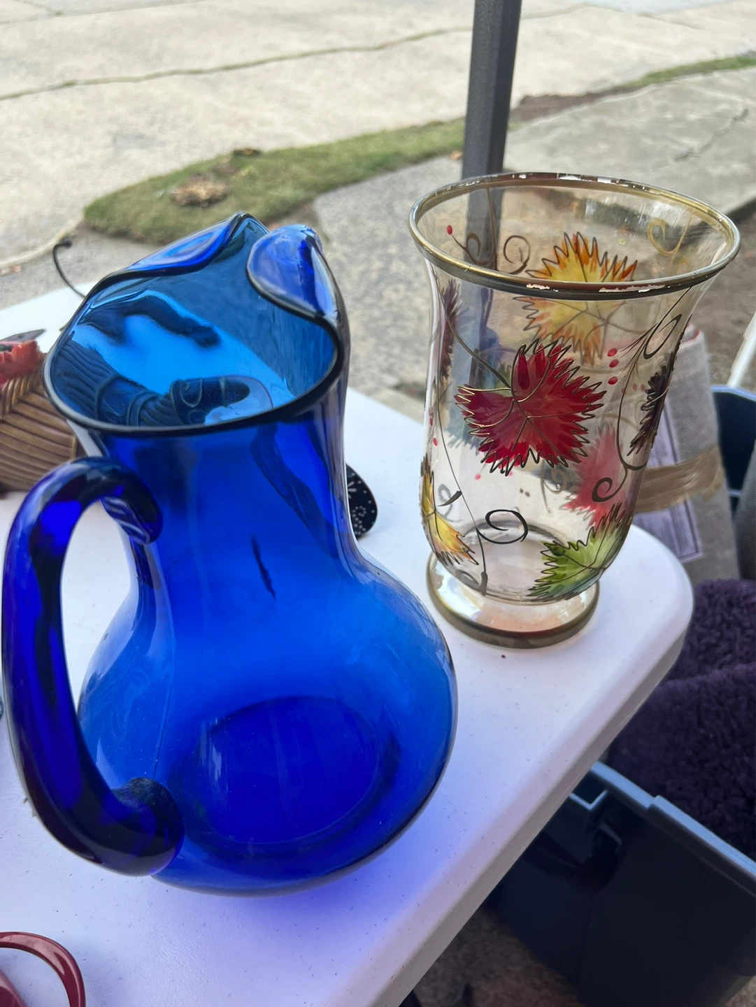 Cobalt Blue Glass Pitcher and Floral Vase