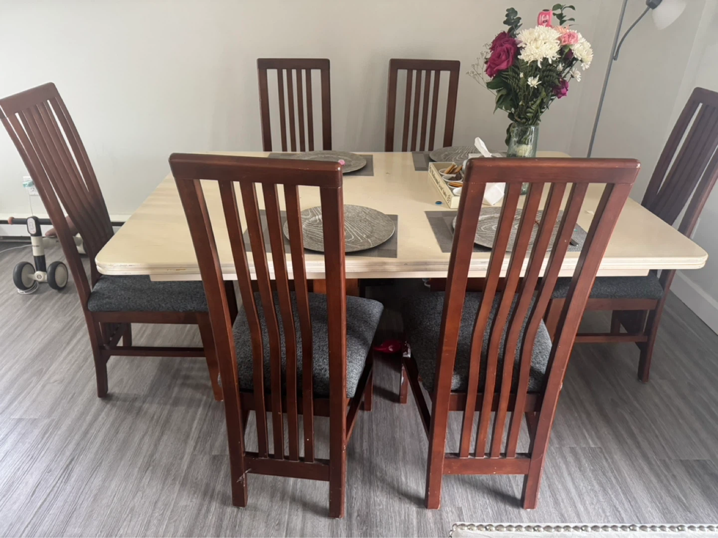 Wooden Dining Chairs with Grey Upholstered Seats (Set of 6) - photo 2