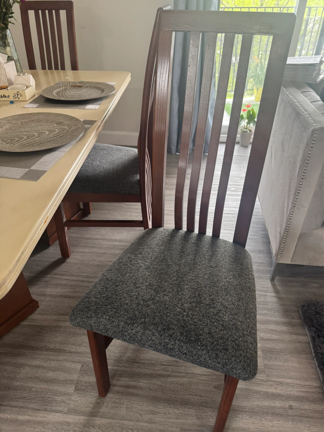Wooden Dining Chairs with Grey Upholstered Seats (Set of 6) - photo 3