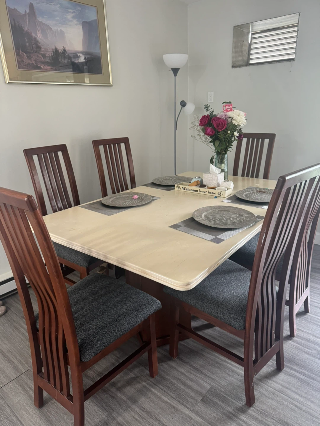 Wooden Dining Chairs with Grey Upholstered Seats (Set of 6)