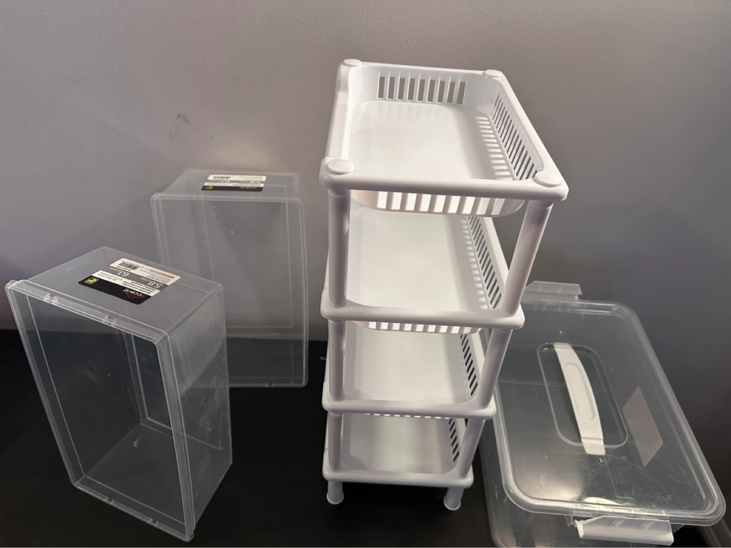 Plastic Storage Containers and 3-Tier Shelf Unit