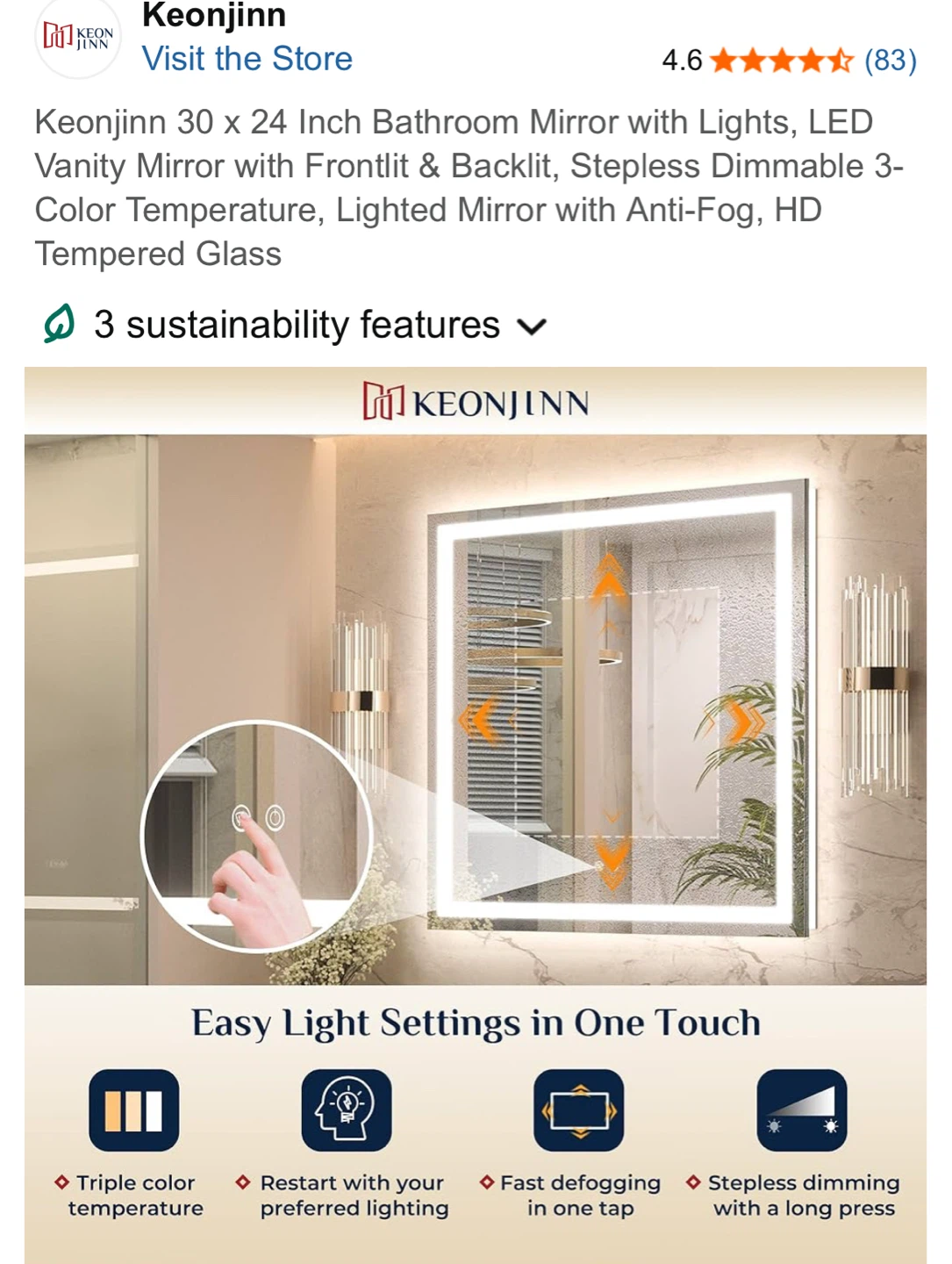 Keonjinn 30 x 24 Inch LED Bathroom Mirror with Lights - photo 4