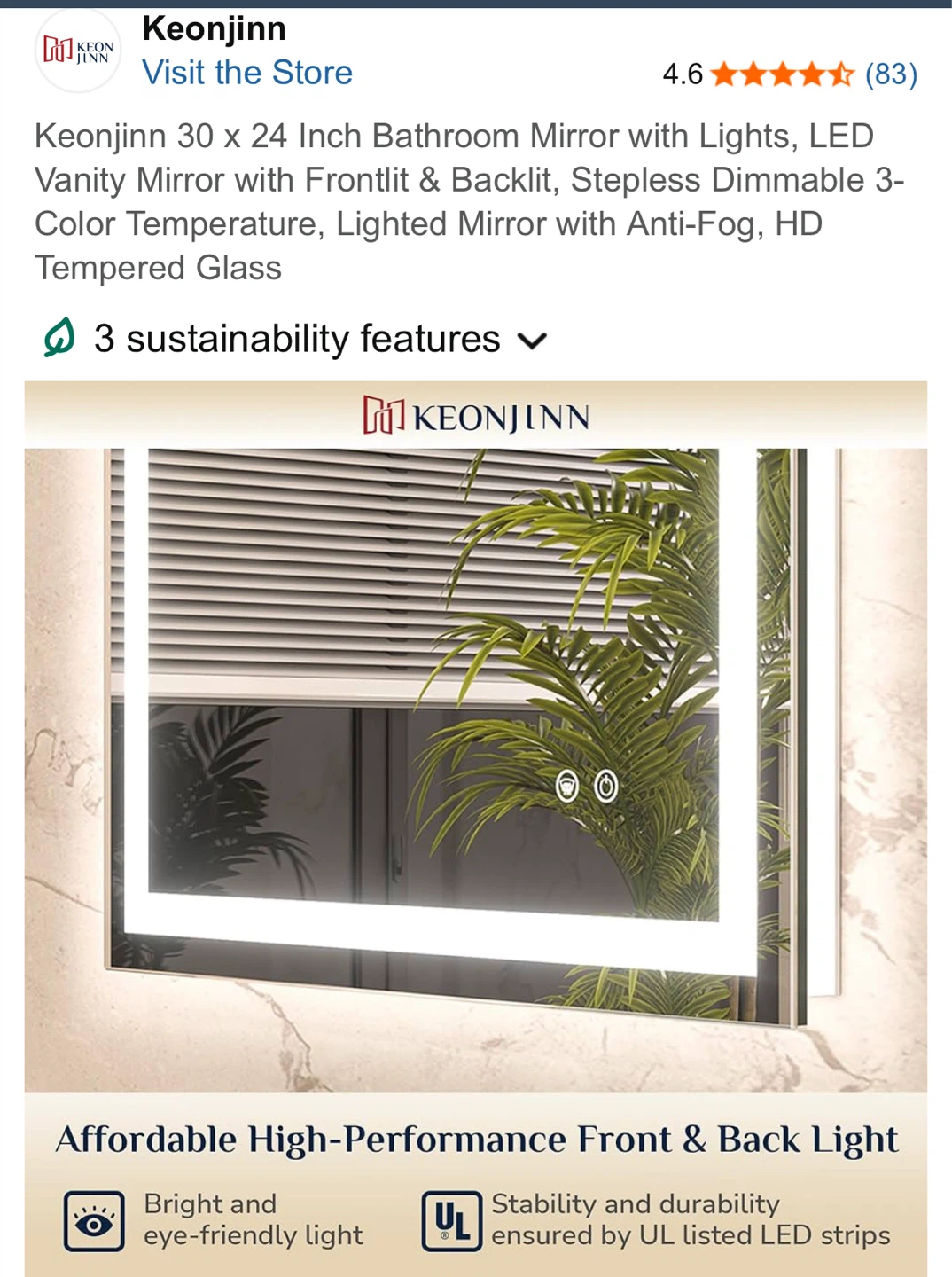Keonjinn 30 x 24 Inch LED Bathroom Mirror with Lights - photo 3