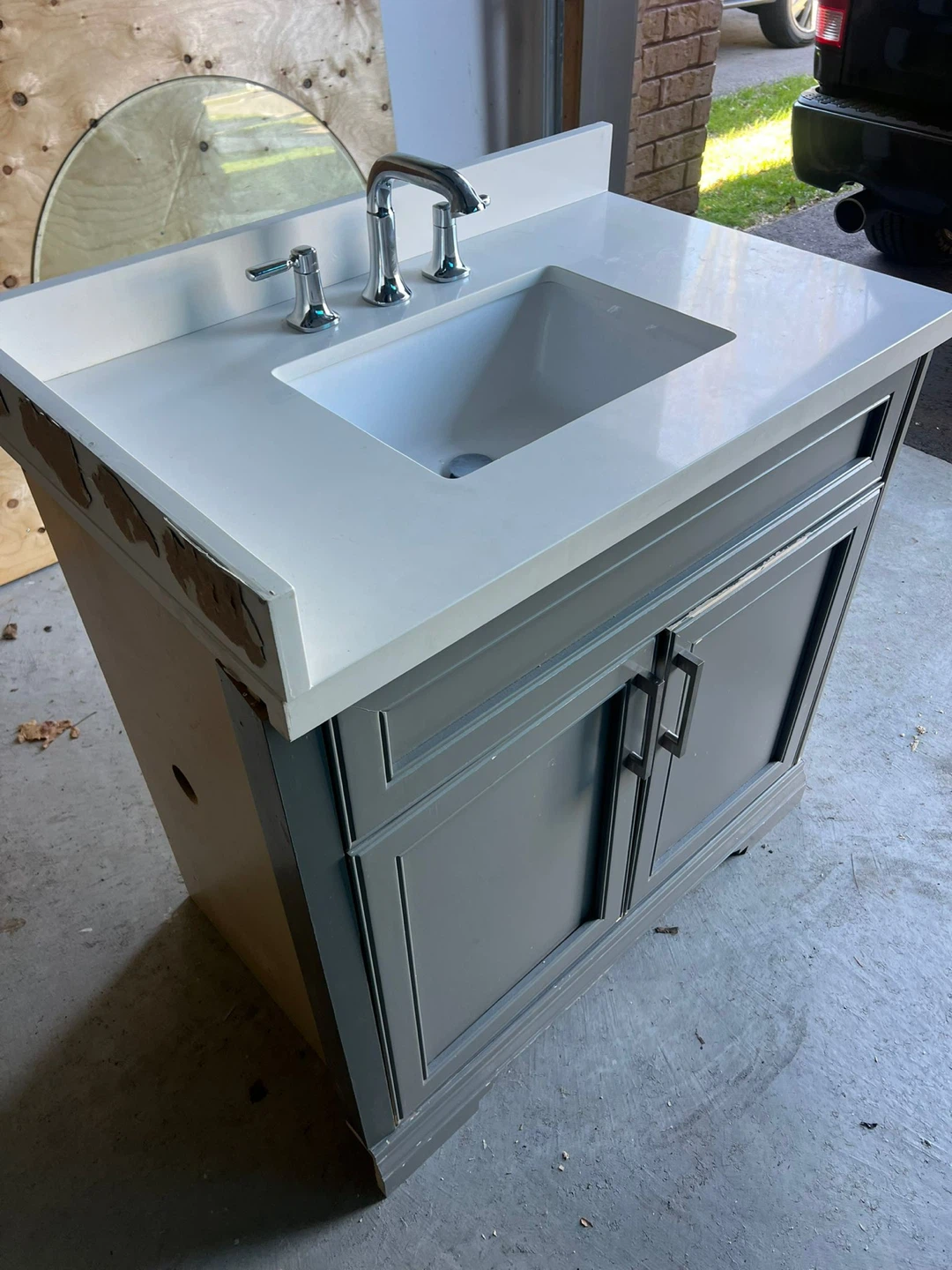 Grey Bathroom Vanity with White Countertop and Sink - photo 3