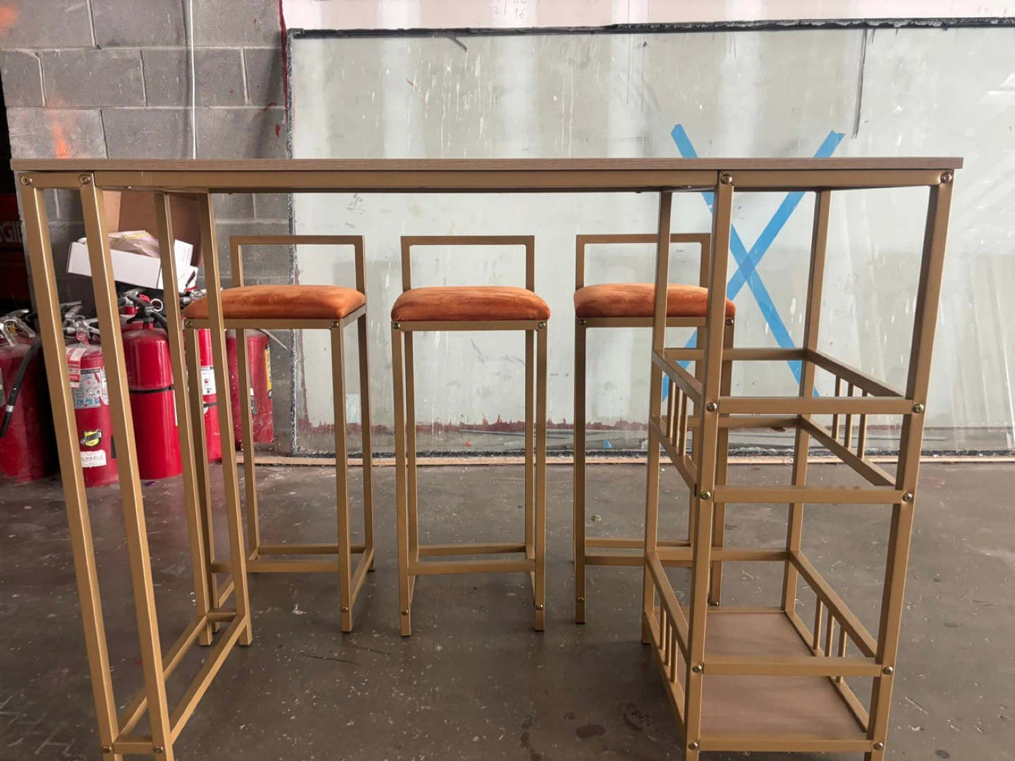 Bar Table and 3 Stools Set - Gold Frame, Orange Velvet Seats - photo 4