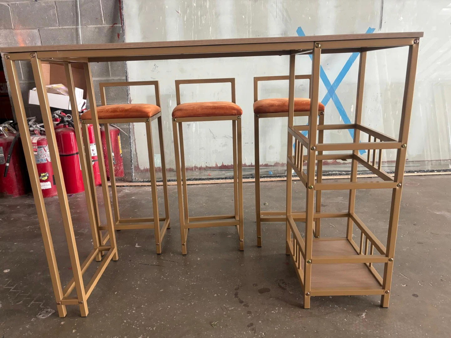 Bar Table and 3 Stools Set - Gold Frame, Orange Velvet Seats