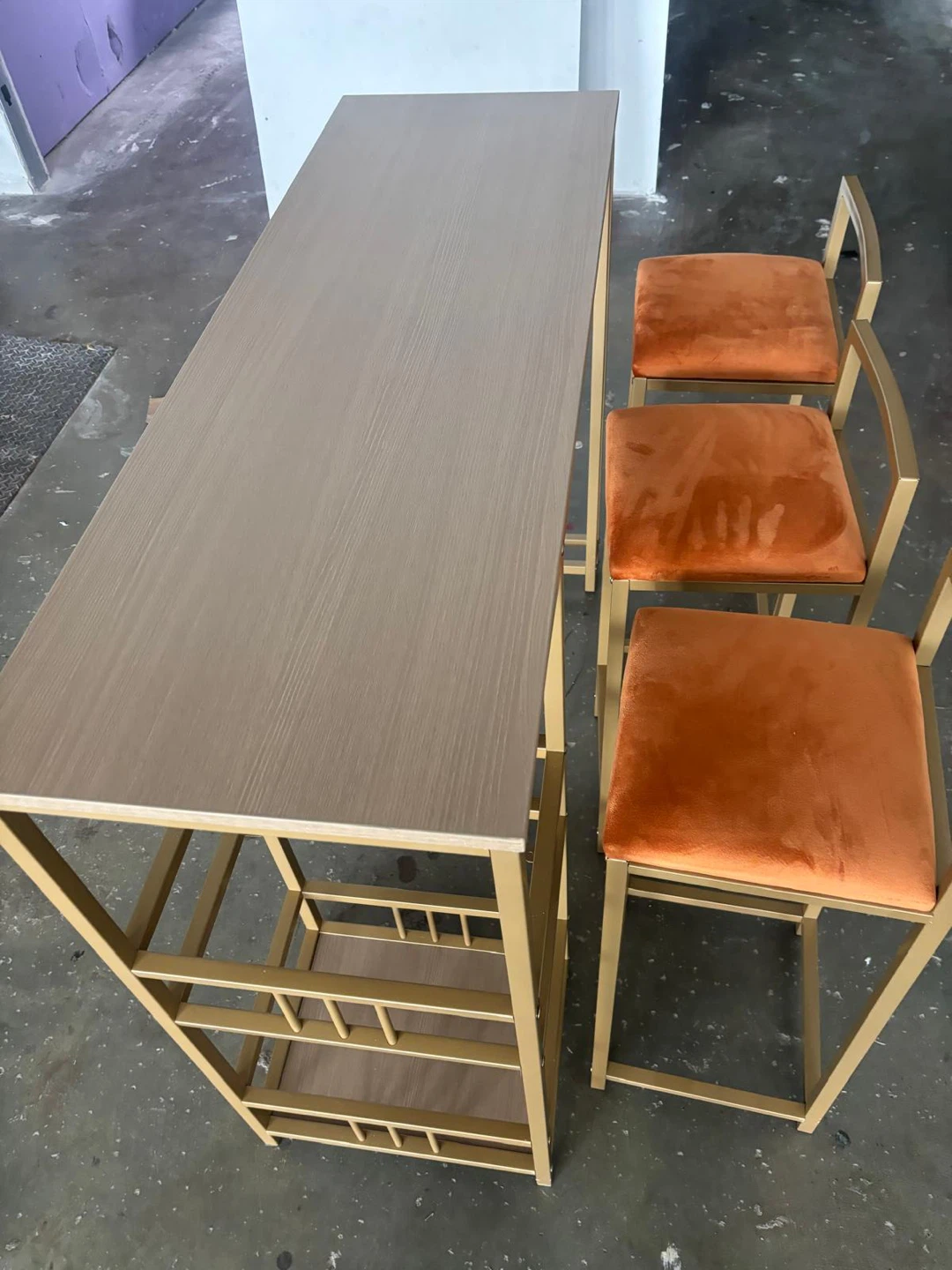 Bar Table and 3 Stools Set - Gold Frame, Orange Velvet Seats - photo 2