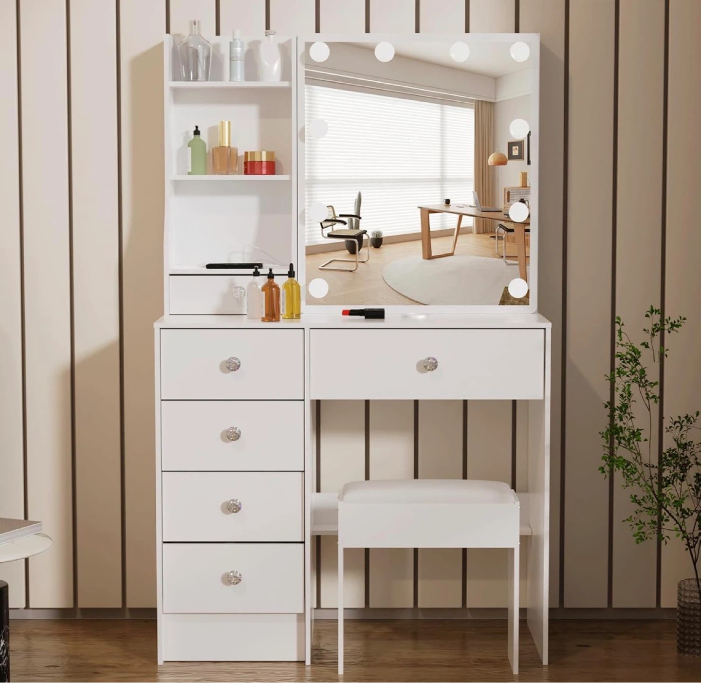 Storage Vanity Set - Adjustable LED Mirror & 5 Drawers