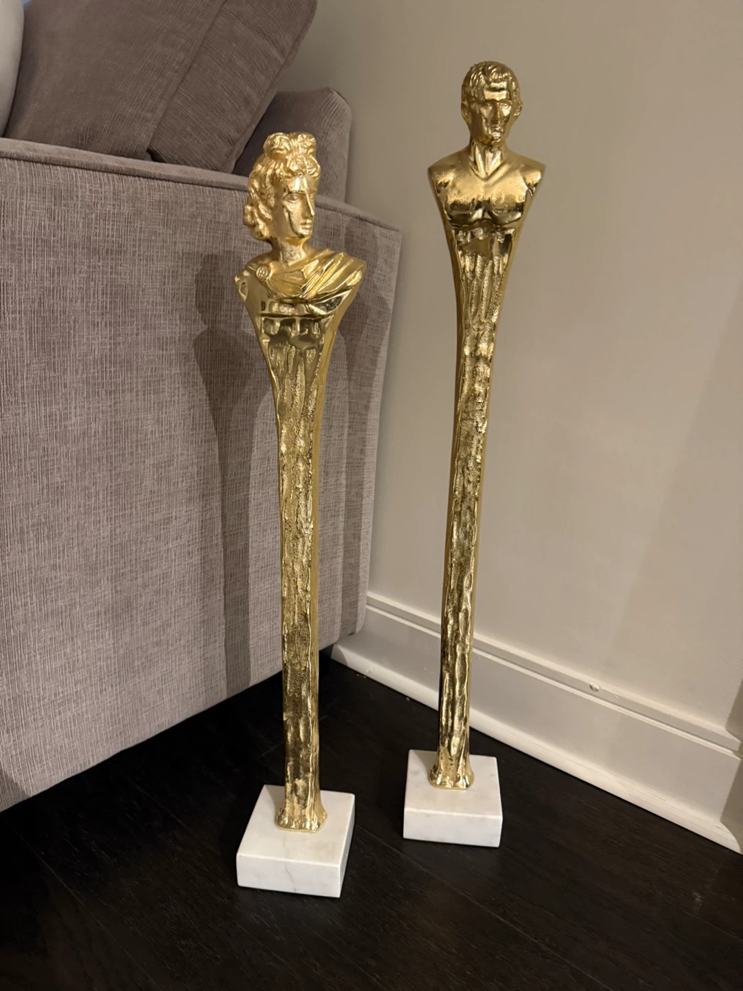 Set of 2 Gold Bust Sculptures on Marble Base