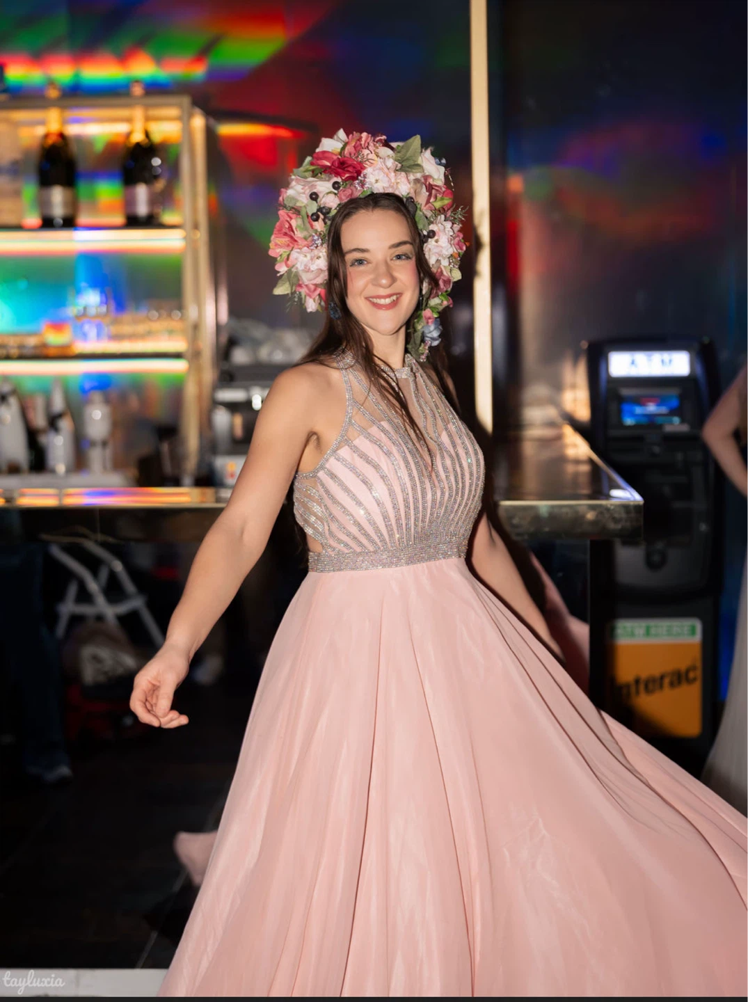 Pink Beaded Halter Prom Dress