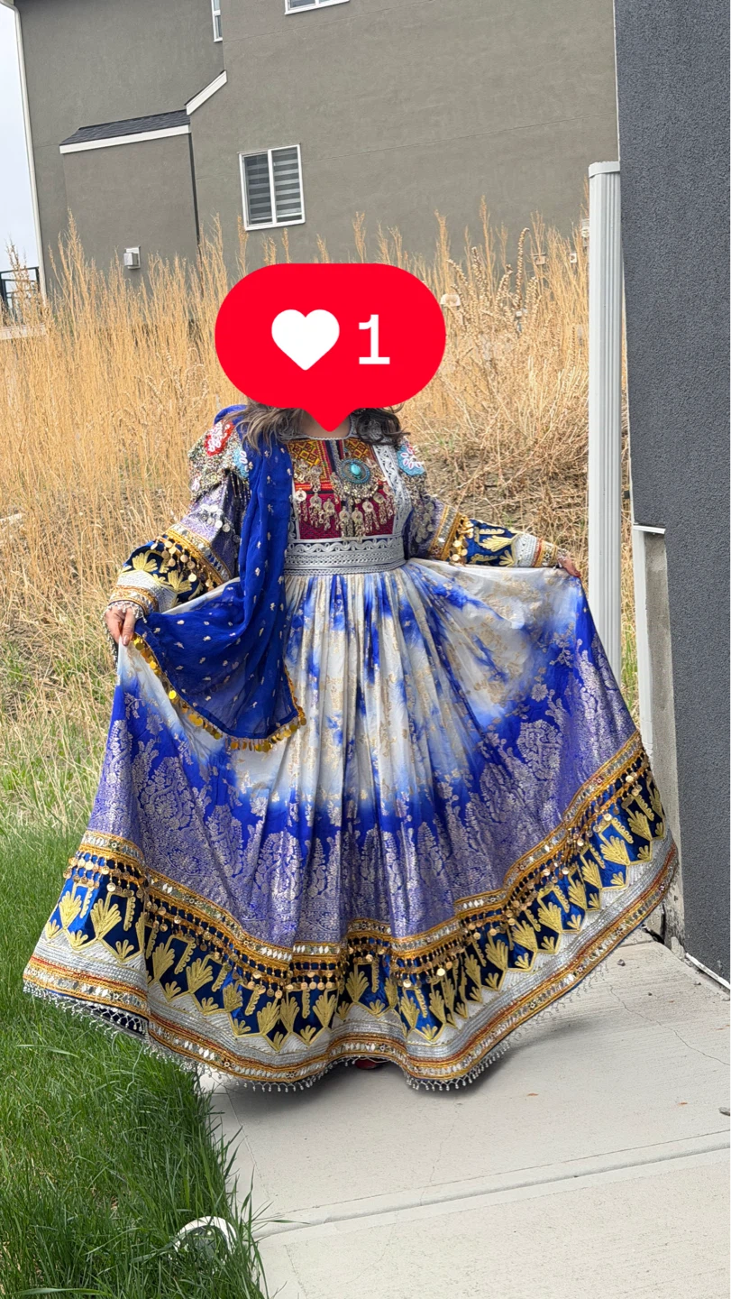 Blue and White Traditional Afghan Dress