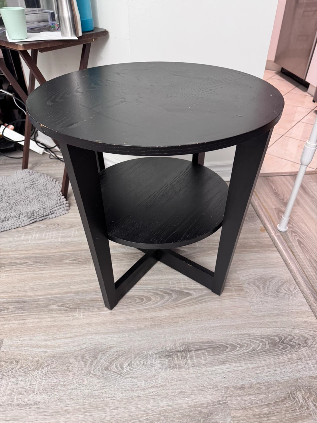 Black Round Side Table with Shelf